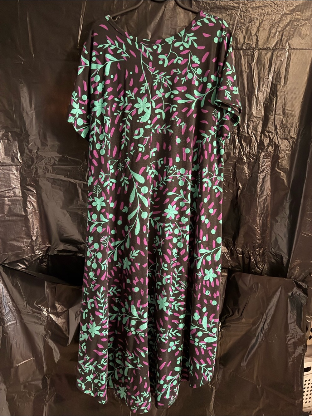 LuLaRoe Black Maxi Dress with Teal and Purple Floral Pattern